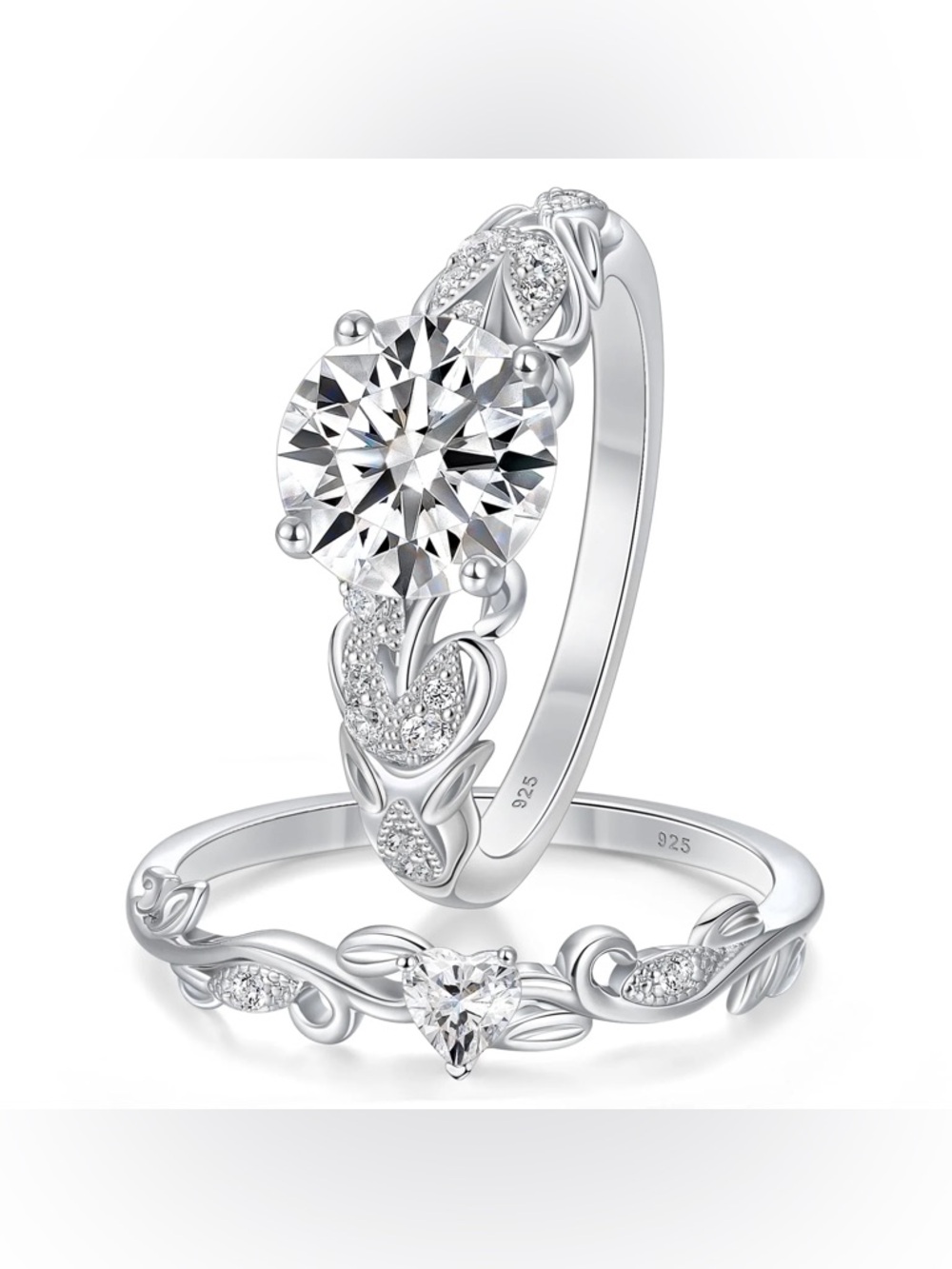 🆕 Sheloves Leaf & Vine Ring Set Sterling Silver White CZ Heart & Round Bridal